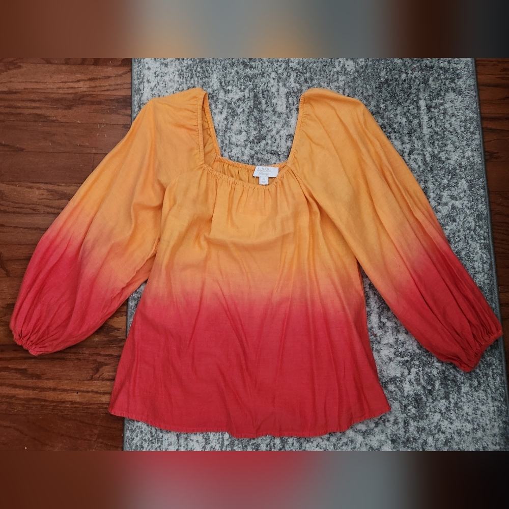 Linen Puff Sleeve Ombre Blouse